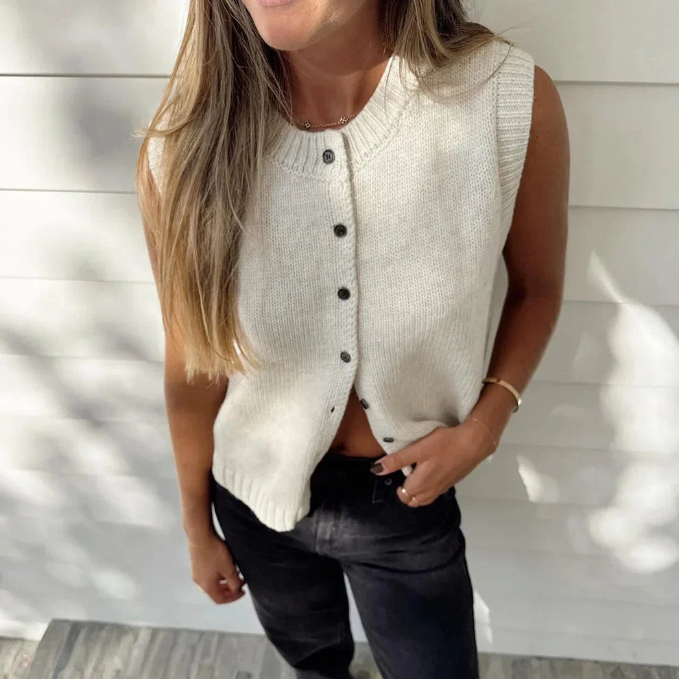 Women's knitted sleeveless cardigan vest with button front