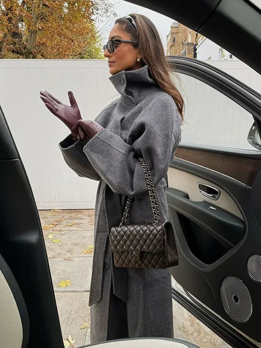 Women's grey belted long coat with stand collar and side pockets