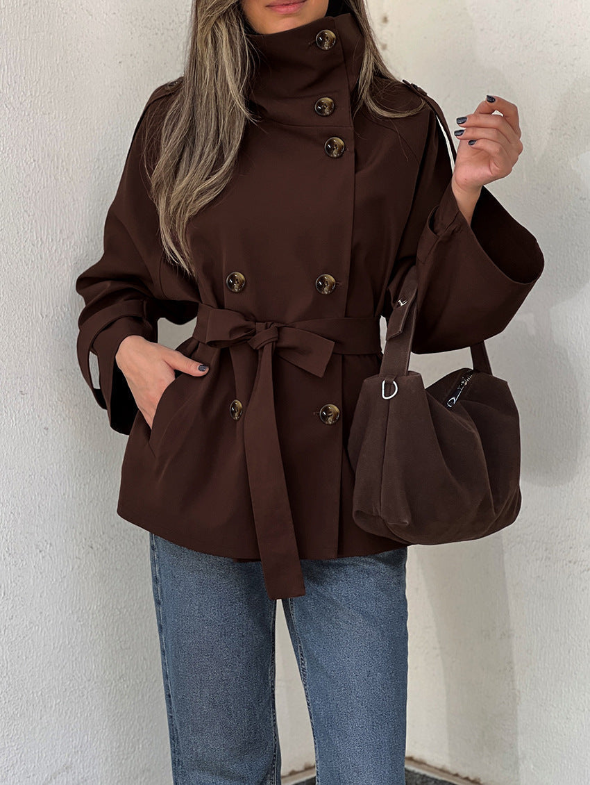 Women's brown double-breasted trench jacket with high collar and tie belt
