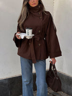 Women's brown double-breasted trench jacket with high collar and tie belt