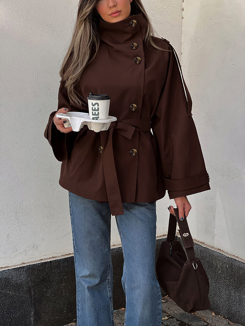 Women's brown double-breasted trench jacket with high collar and tie belt
