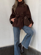 Women's brown double-breasted trench jacket with high collar and tie belt