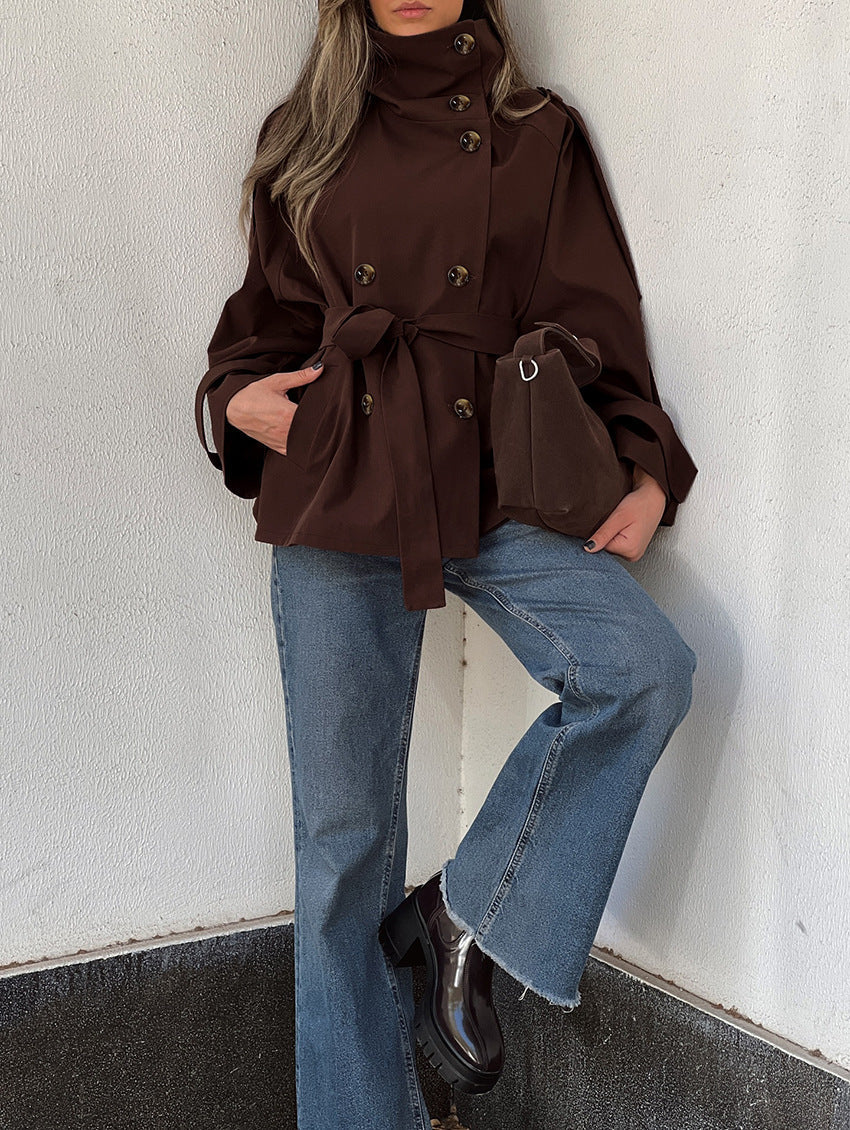 Women's brown double-breasted trench jacket with high collar and tie belt