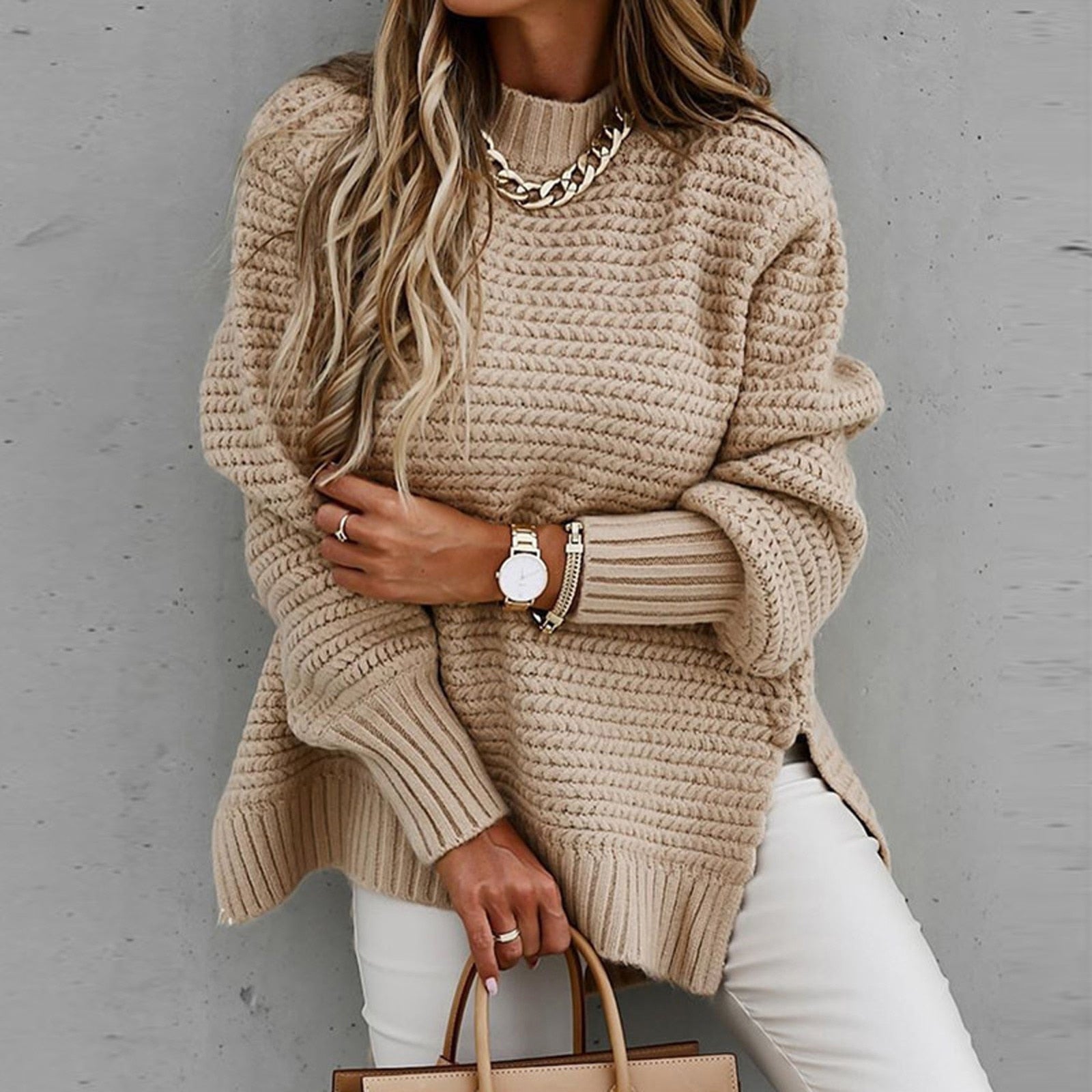 Women's textured mock neck sweater with long sleeves