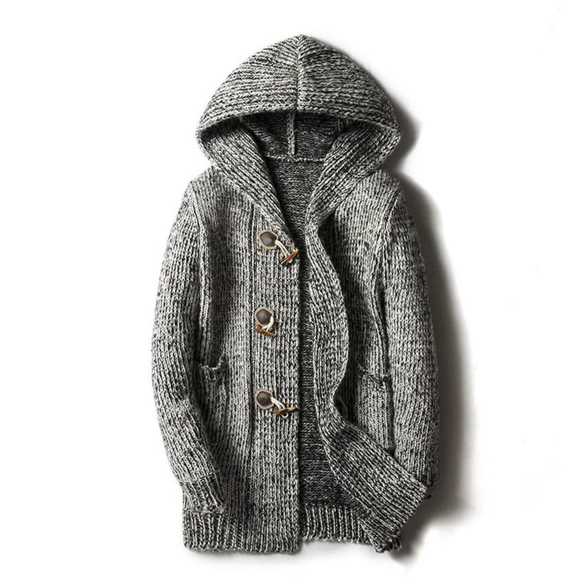 Hooded knitted cardigan with toggle fastenings, long sleeves and front pockets