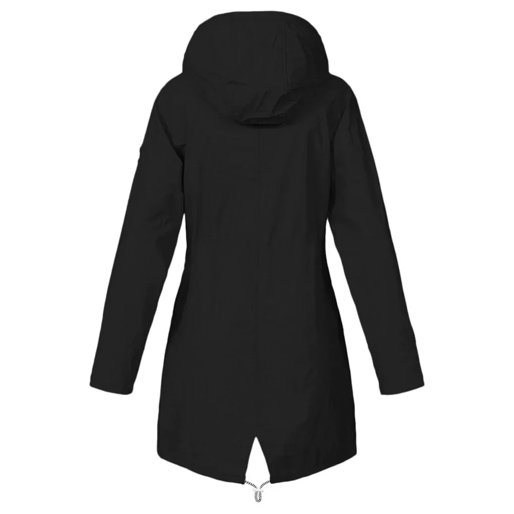 Women's hooded trench coat with long sleeves, zip front and flap pockets