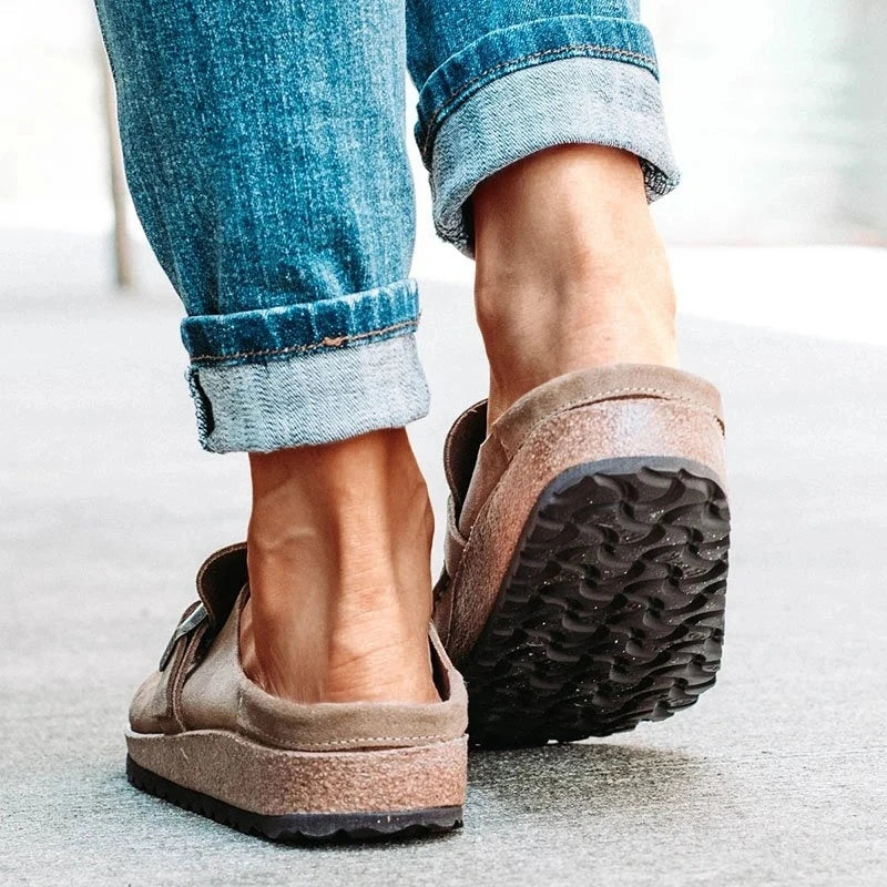Women's buckle slip-on loafers with round toes and wedge soles