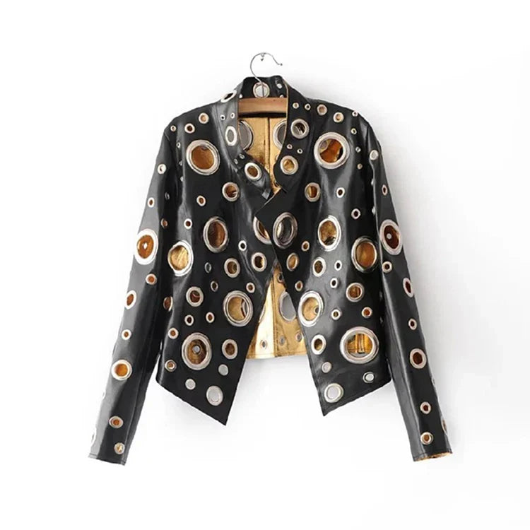 Women's cropped jacket with circular metallic eyelet detailing and long sleeves