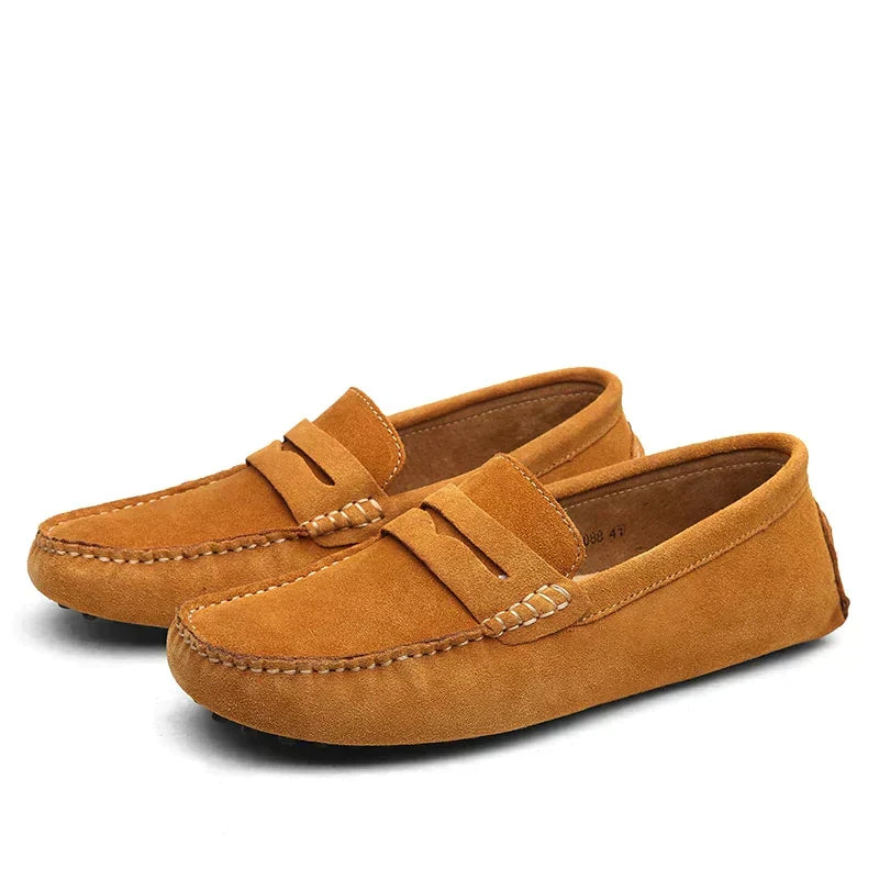 Men's suede loafers with moc toe stitching and flat soles