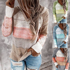 Women's hooded patchwork striped knit sweater