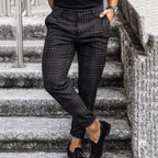 Men's checked slim leg chino trousers with belt loops and full-length cut