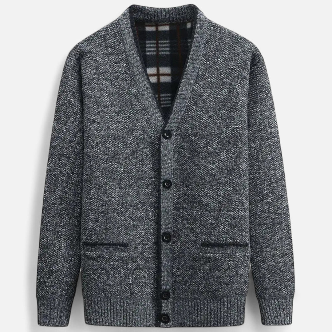Men's textured knit V-neck cardigan with button front and welt pockets