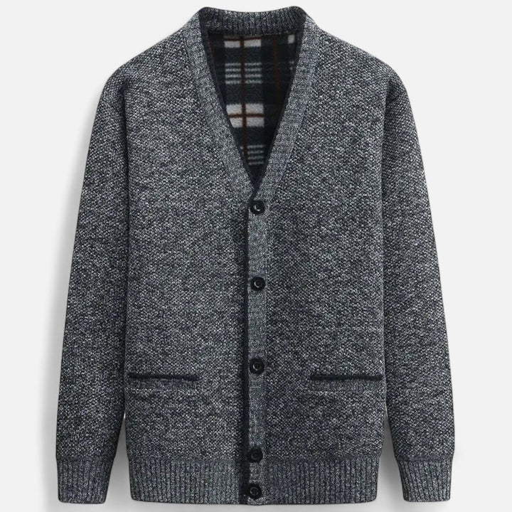Men's textured knit V-neck cardigan with button front and welt pockets