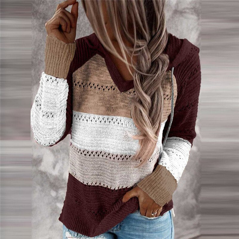 Women's hooded patchwork striped knit sweater