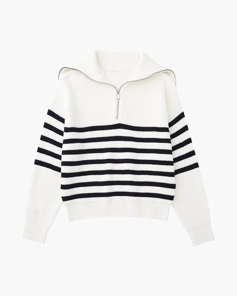 Striped ribbed knit sweater with mock neck and quarter zipper