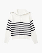 Striped ribbed knit sweater with mock neck and quarter zipper