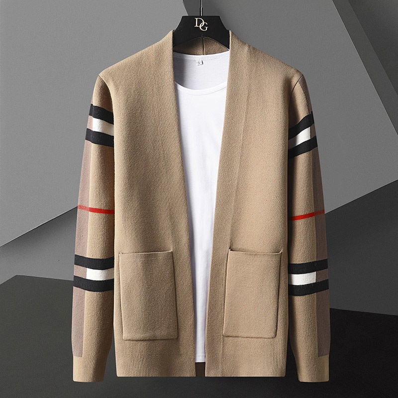 Men's open front cardigan with striped sleeves and patch pockets