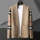 Men's open front cardigan with striped sleeves and patch pockets