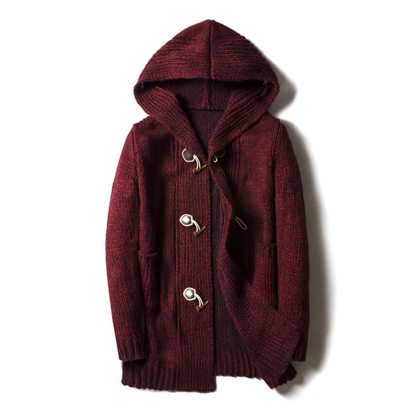 Hooded knitted cardigan with toggle fastenings, long sleeves and front pockets