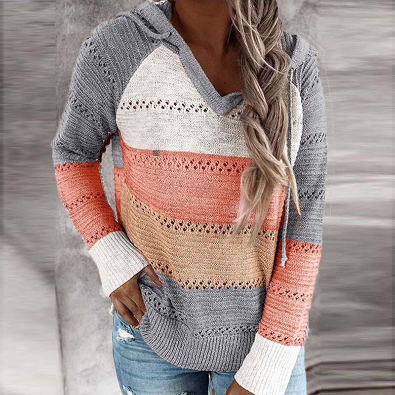 Women's hooded patchwork striped knit sweater