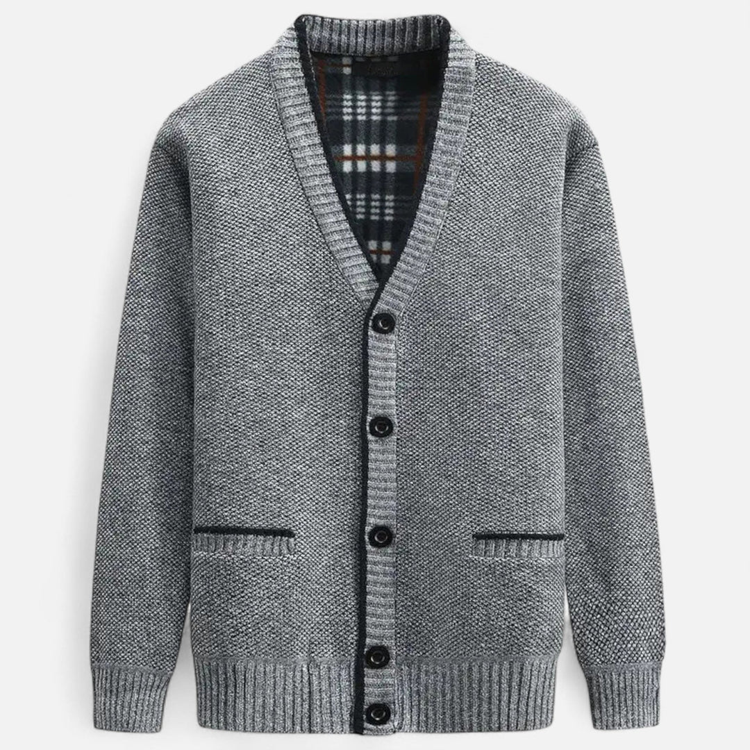 Men's textured knit V-neck cardigan with button front and welt pockets
