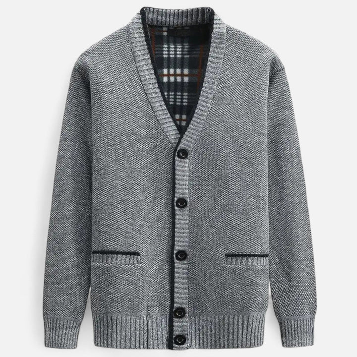 Men's textured knit V-neck cardigan with button front and welt pockets