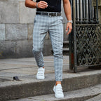 Men's checked slim leg chino trousers with belt loops and full-length cut