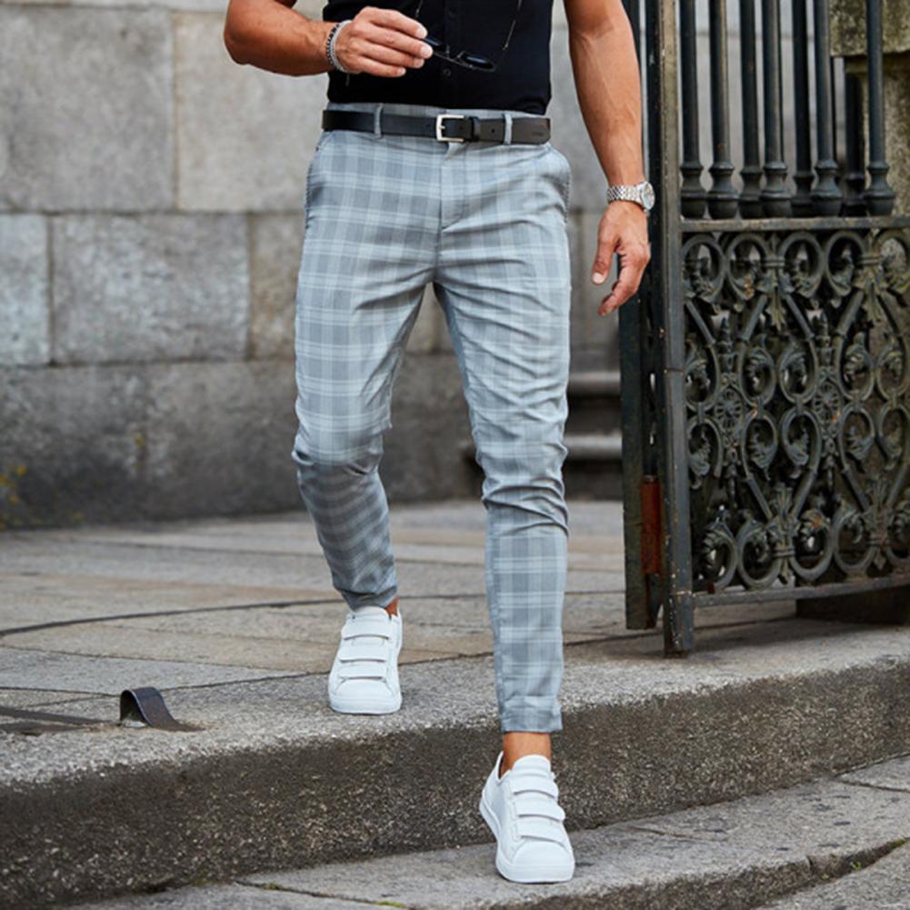 Men's checked slim leg chino trousers with belt loops and full-length cut