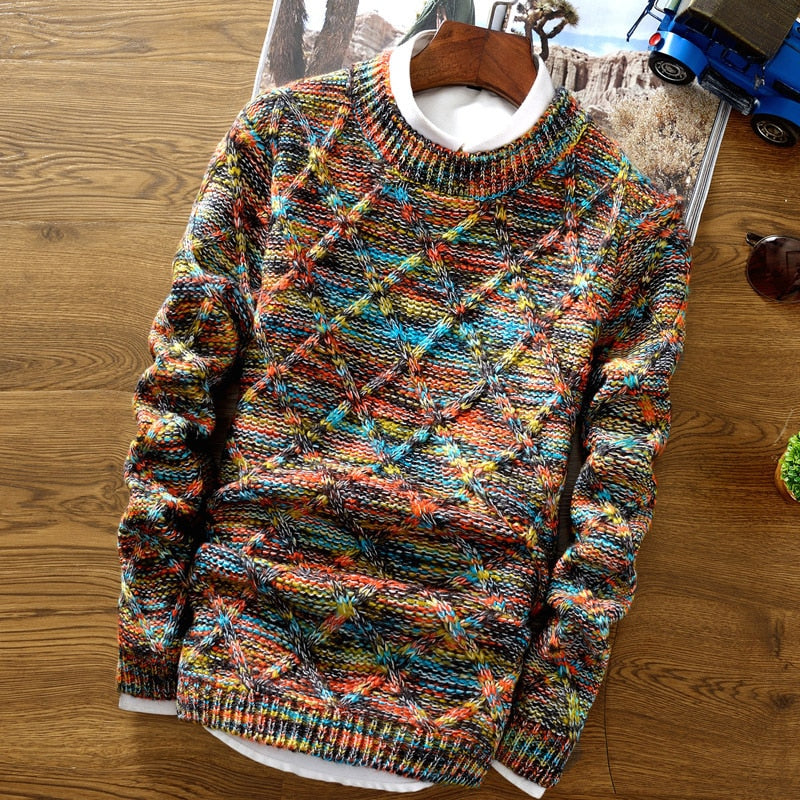 Men's multicoloured geometric knit sweater with crew neckline and long sleeves