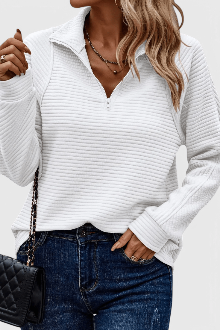 Women's ribbed quarter-zip sweater with long sleeves and raised collar
