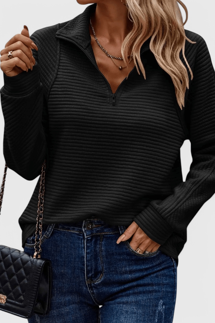 Women's ribbed quarter-zip sweater with long sleeves and raised collar