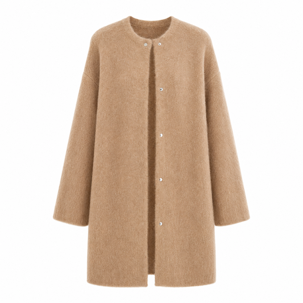 Women's long-sleeve crew neck button-front cardigan with hip-length fit