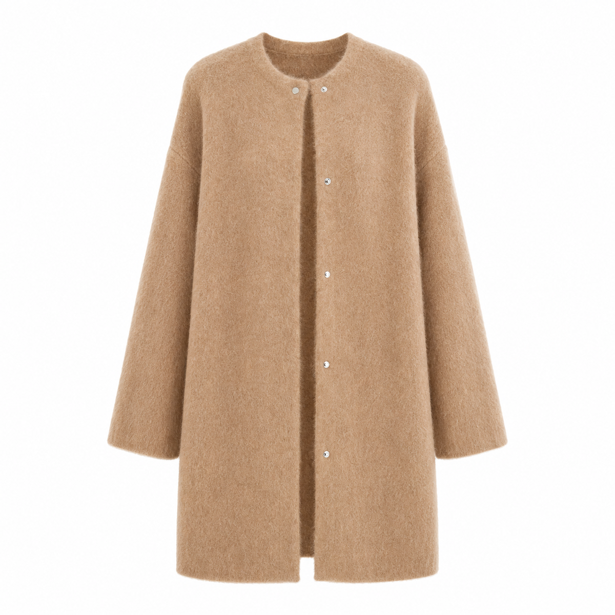 Women's long-sleeve crew neck button-front cardigan with hip-length fit