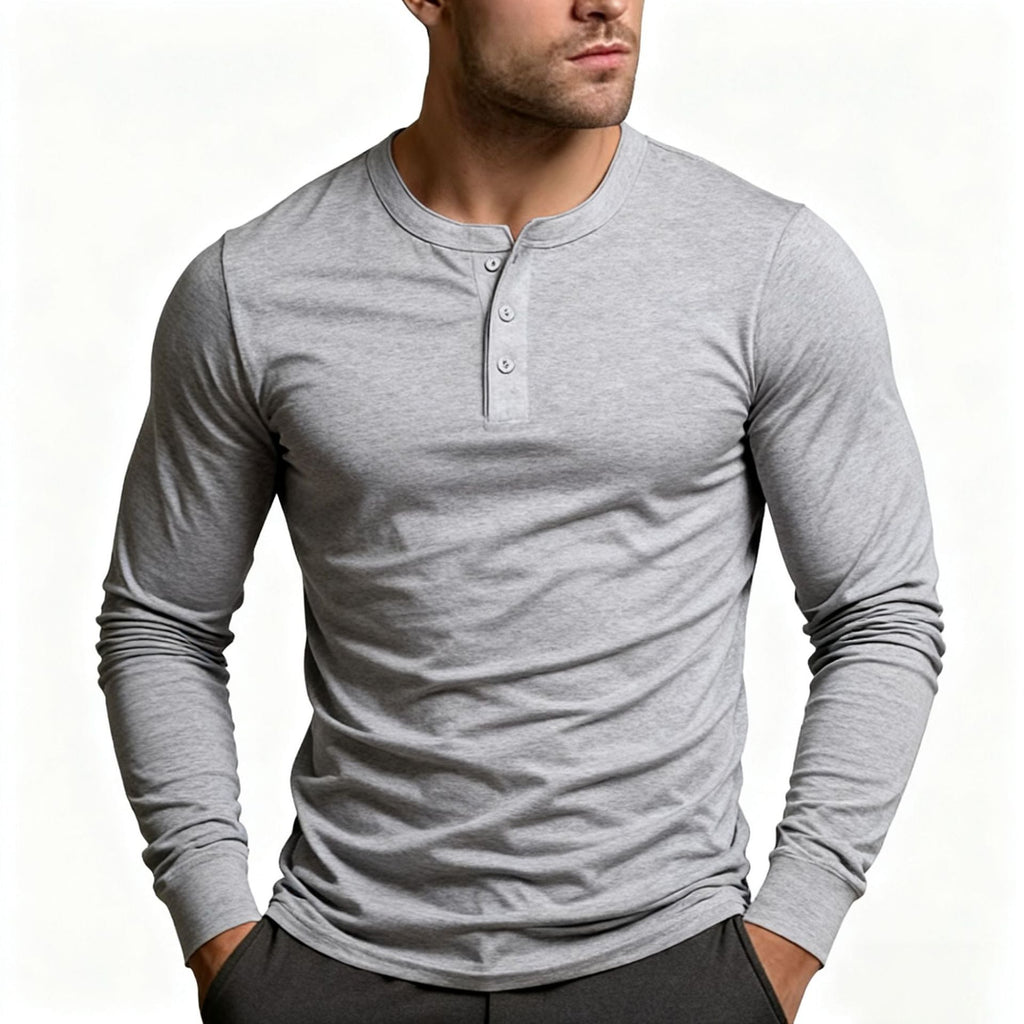 Men's slim fit long sleeve Henley T-shirt with round neckline and button placket