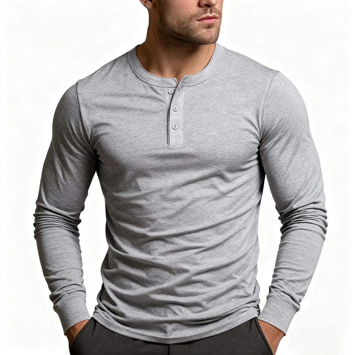 Men's slim fit long sleeve Henley T-shirt with round neckline and button placket