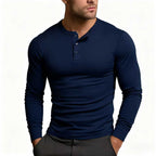 Men's slim fit long sleeve Henley T-shirt with round neckline and button placket