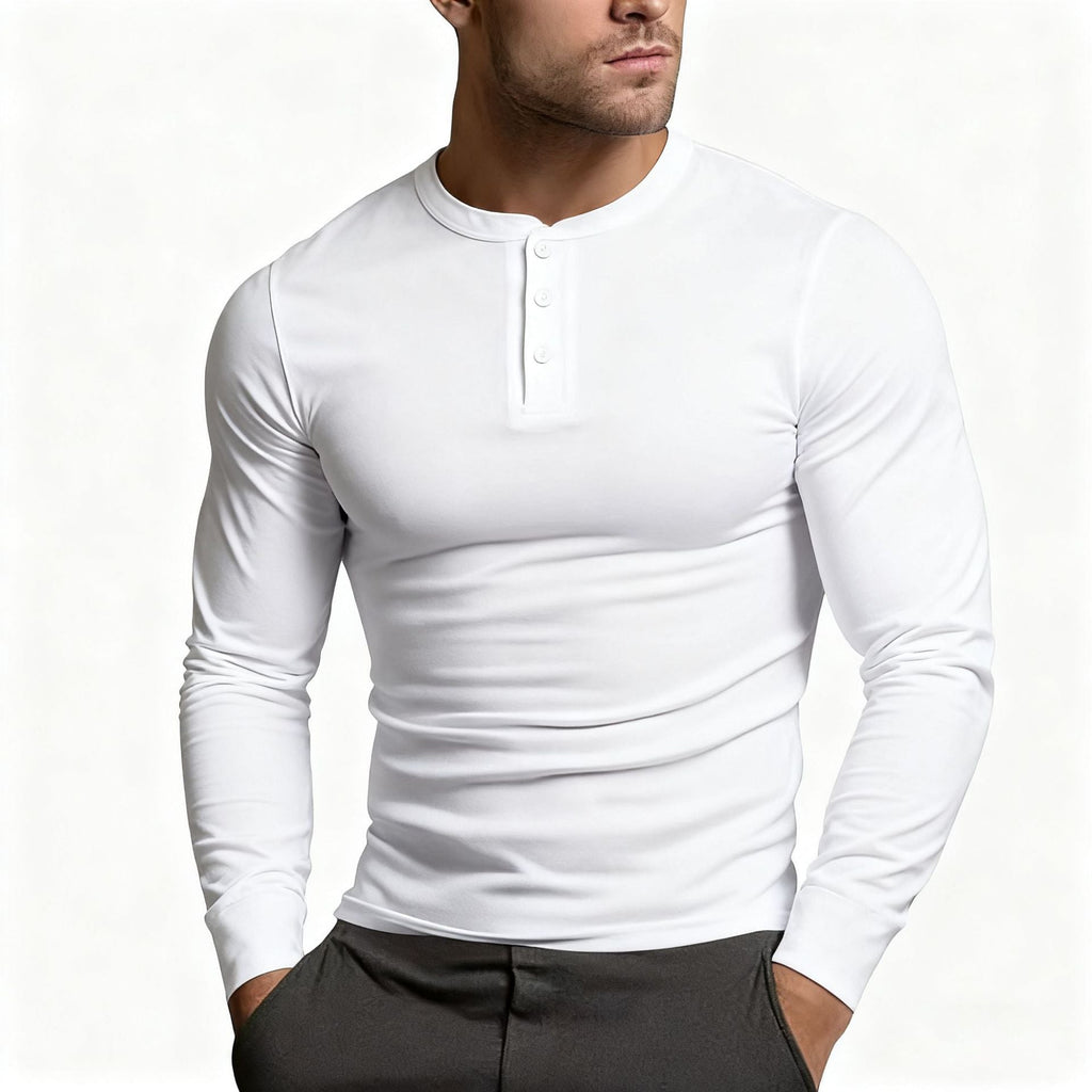 Men's slim fit long sleeve Henley T-shirt with round neckline and button placket