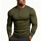 Men's slim fit long sleeve Henley T-shirt with round neckline and button placket