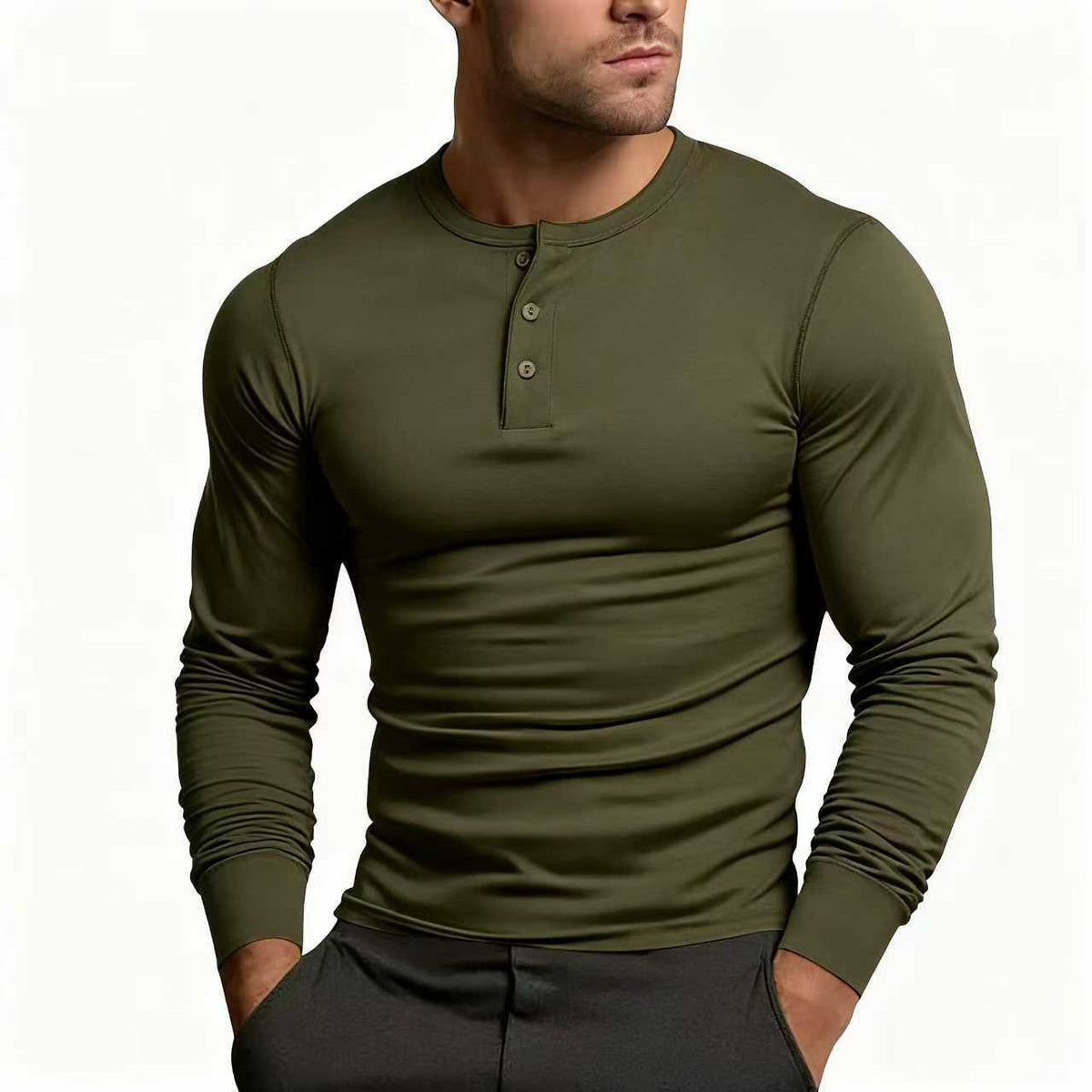 Men's slim fit long sleeve Henley T-shirt with round neckline and button placket