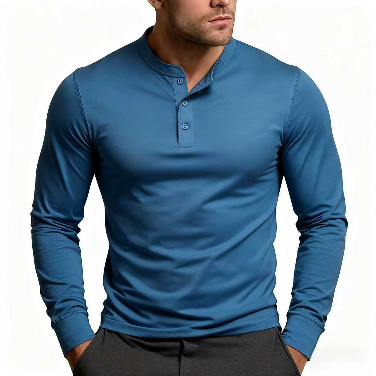 Men's slim fit long sleeve Henley T-shirt with round neckline and button placket