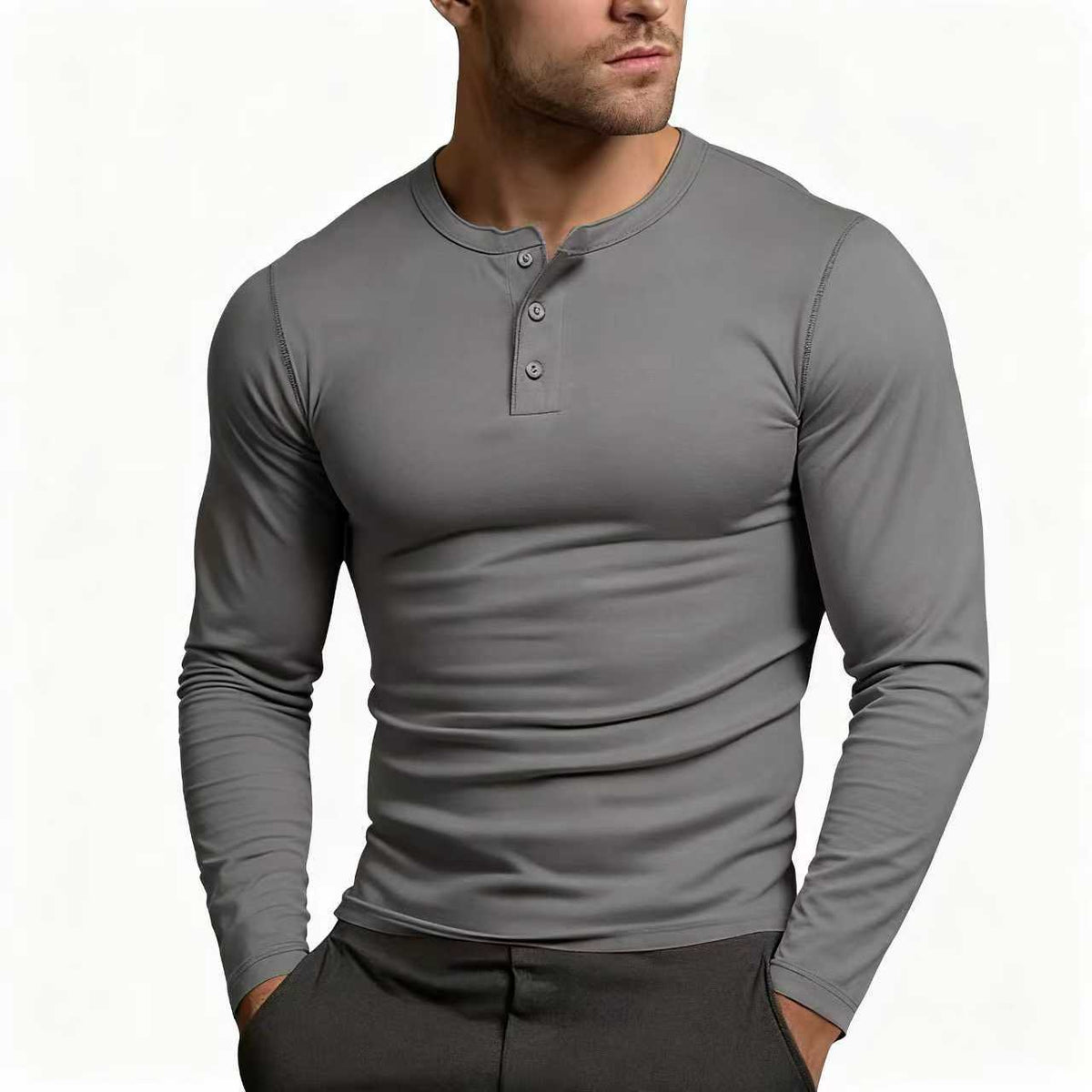 Men's slim fit long sleeve Henley T-shirt with round neckline and button placket
