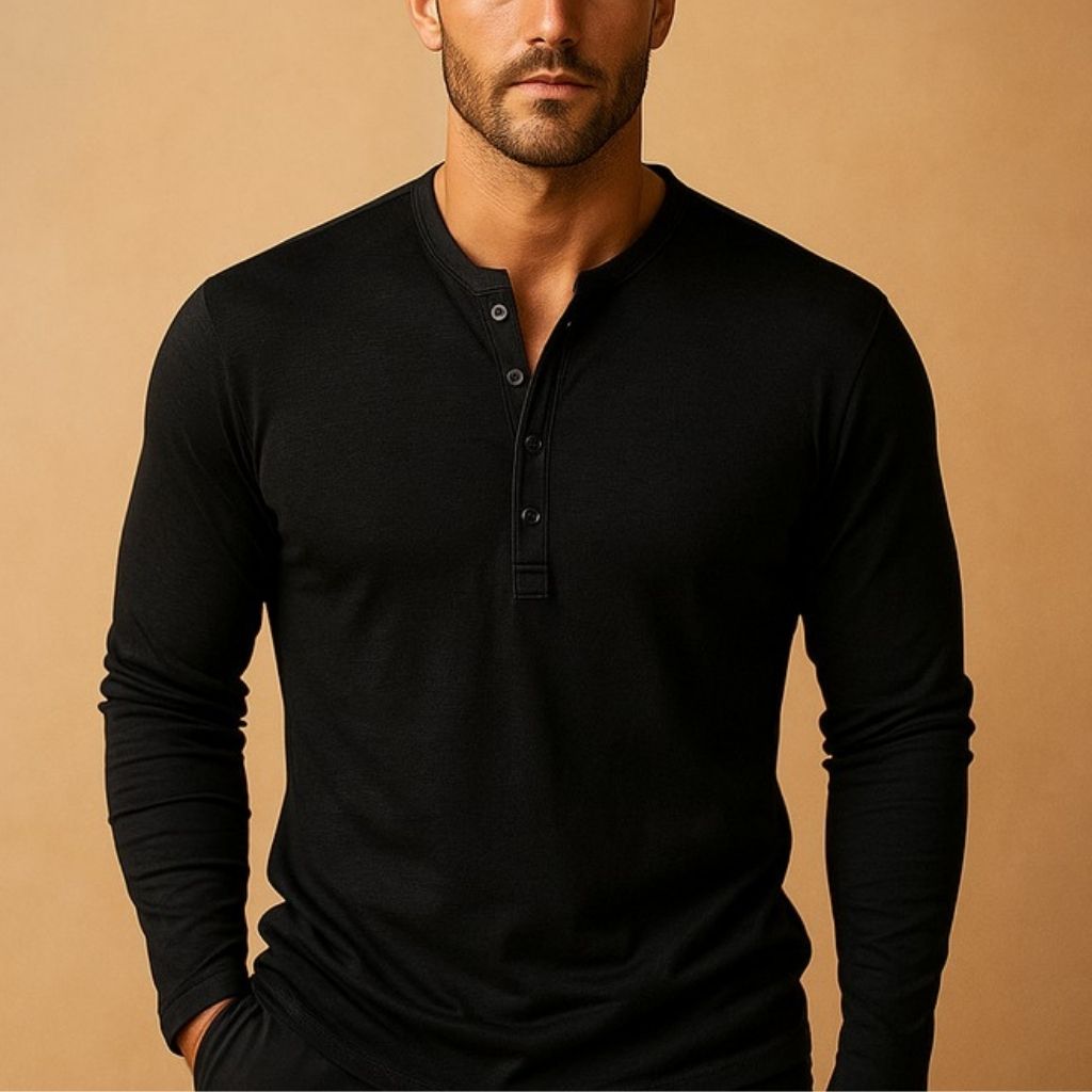 Men's slim fit long-sleeve Henley shirt with button placket