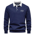 Men's long sleeve knit polo sweater with contrasting collar