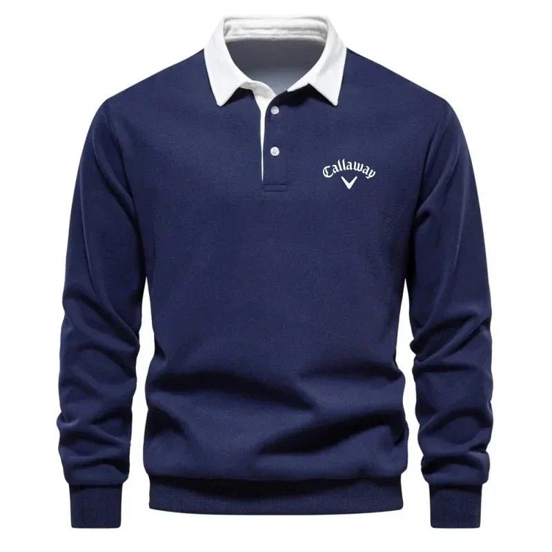 Men's long sleeve knit polo sweater with contrasting collar