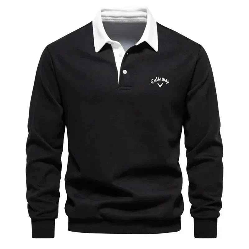 Men's long sleeve knit polo sweater with contrasting collar