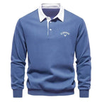 Men's long sleeve knit polo sweater with contrasting collar