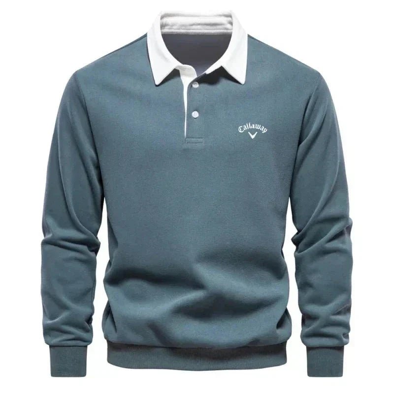 Men's long sleeve knit polo sweater with contrasting collar
