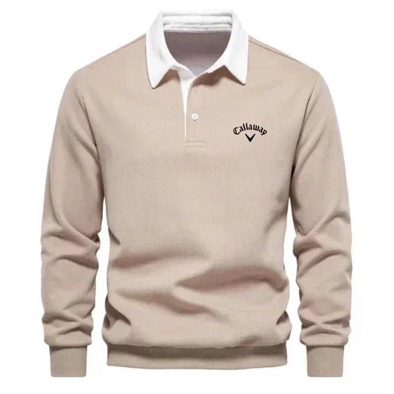 Men's long sleeve knit polo sweater with contrasting collar