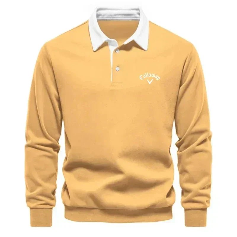 Men's long sleeve knit polo sweater with contrasting collar