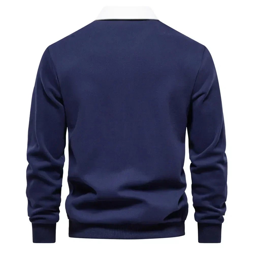 Men's long sleeve knit polo sweater with contrasting collar